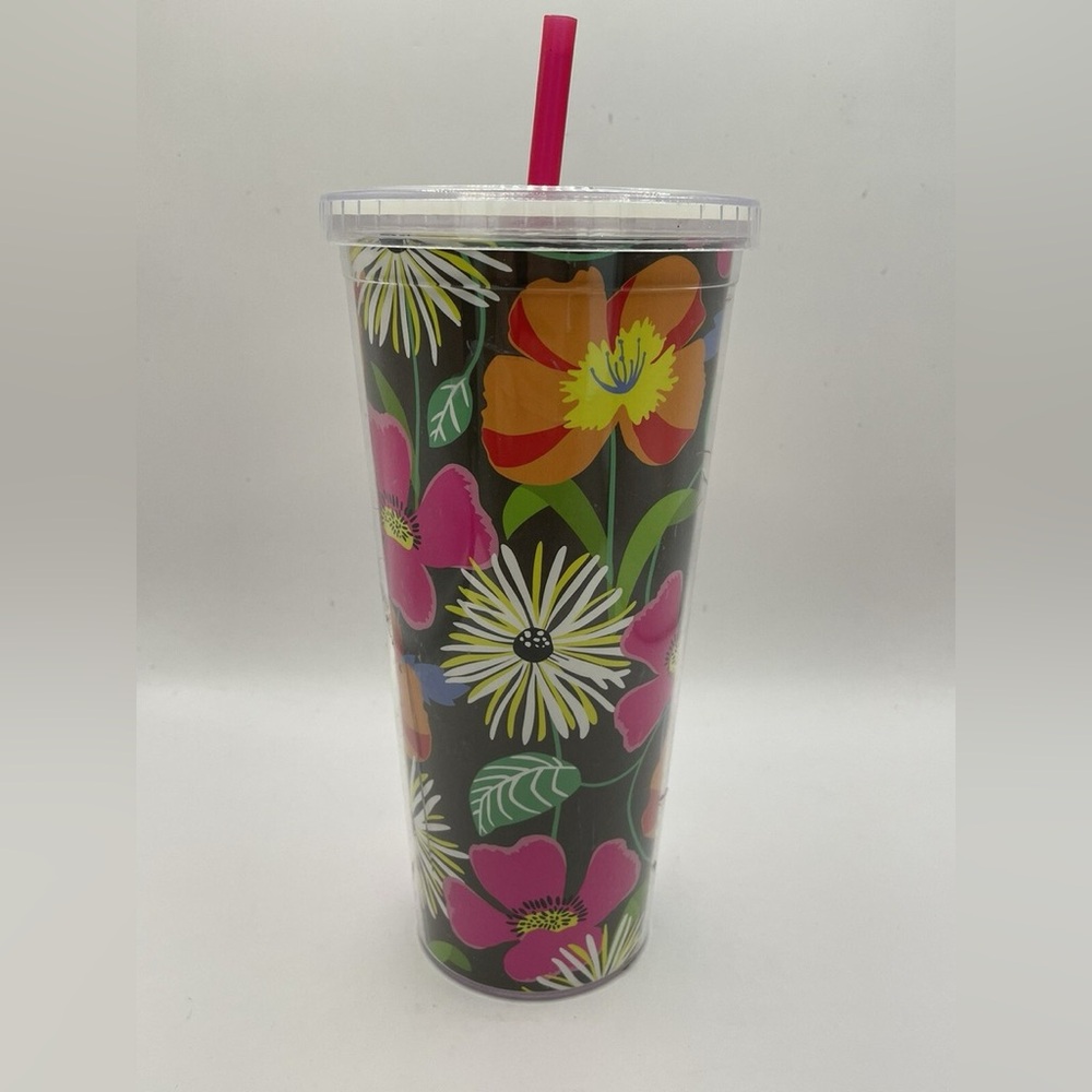 NWT Vera Bradley Ziggy Zinnia Travel Tumbler with Pink Straw *FLAW
